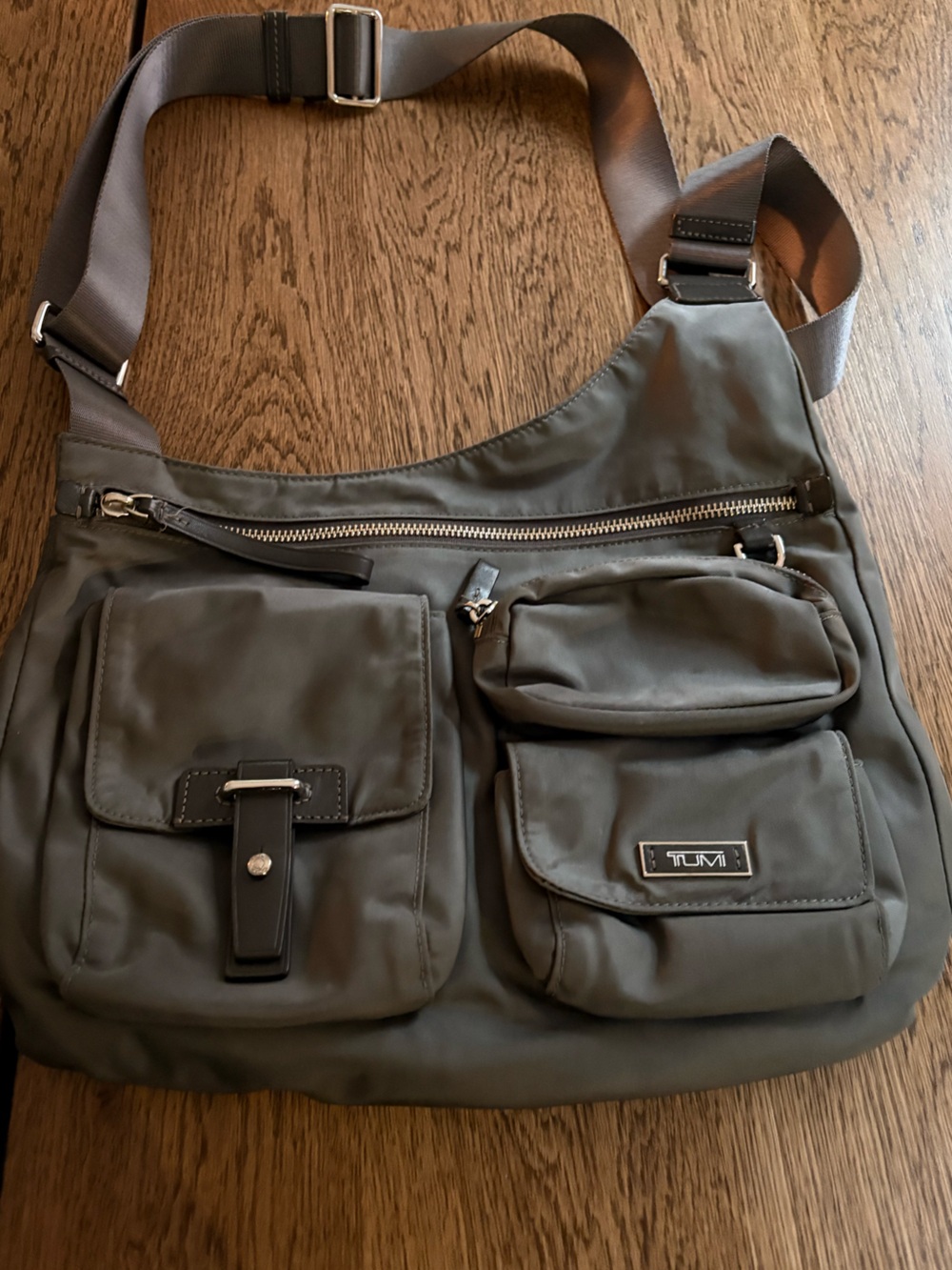 Tumi Grey Nylon Messenger Bag with Multiple Front Pockets